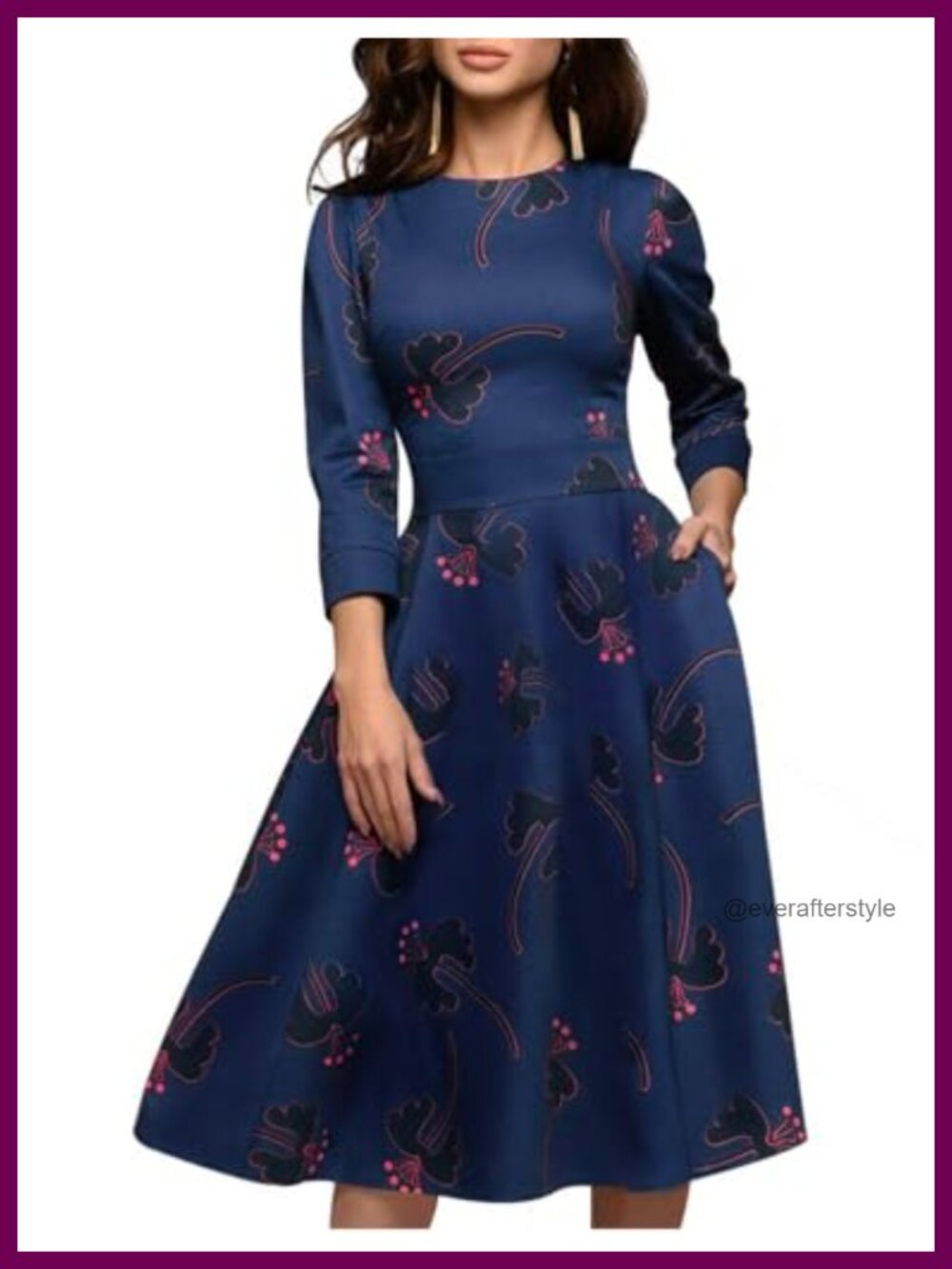 Womens Floral Vintage Midi Dress 3/4 Sleeve Round Neck Work Wedding Guest